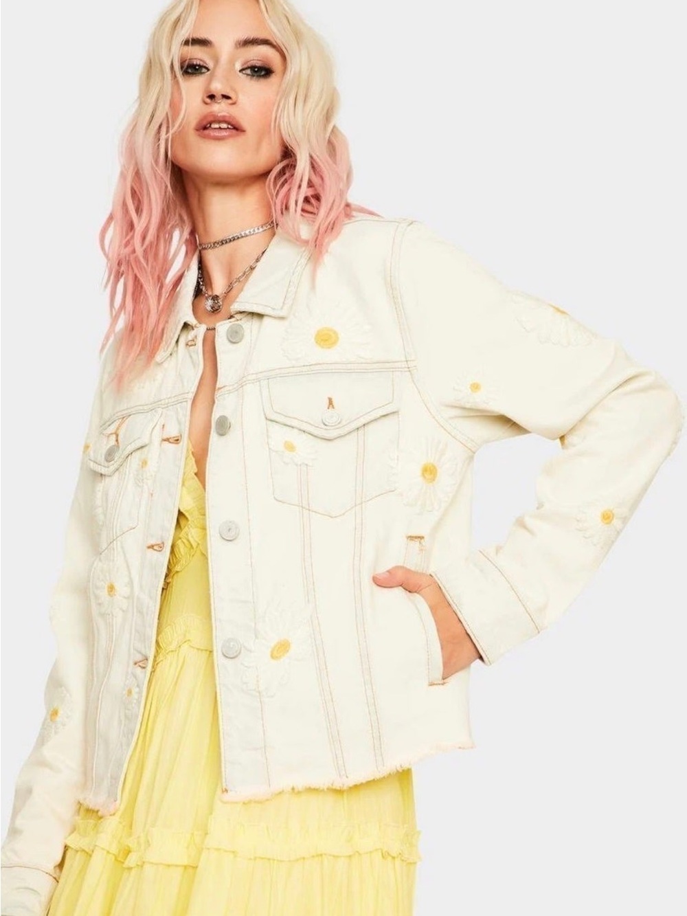 Blank NYC Daisy Embroidered Denim Jacket Light Wash Blue Distressed Raw Hem
